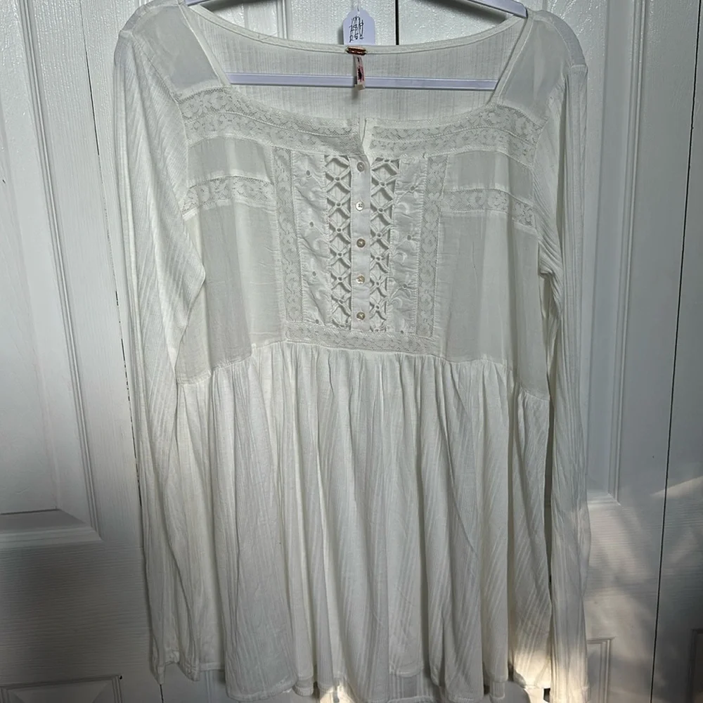 Free People Pretty Please White Lace Henley Tunic